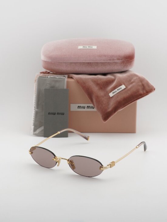 Miu Miu MUA54S 5AK20I Oval Rimless Sunglasses – Gold / Purple Brown